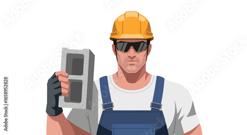 Confident construction worker in hardhat holding concrete block at work site