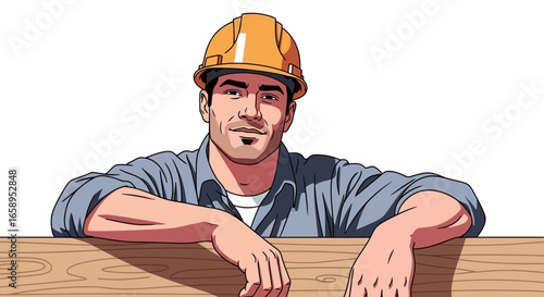 Confident construction worker leaning on a wooden board illustration