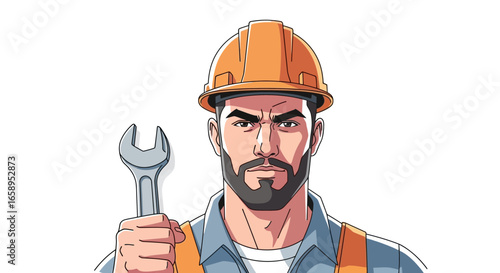 Confident Construction Worker Portrait Holding Wrench with Resolve Expression