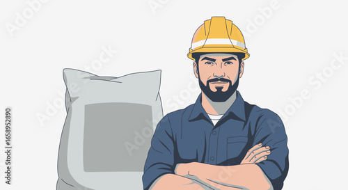 Confident construction worker standing by material sack, ready for work