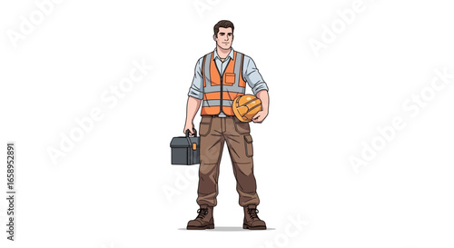 Confident construction worker standing with gear on white background illustration