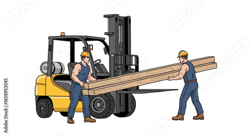 Construction Crew loading Lumber onto Forklift for Transport Illustration