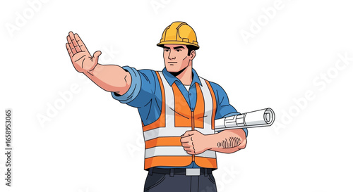 Construction foreman confidently directs with blueprint in hand isolated vector