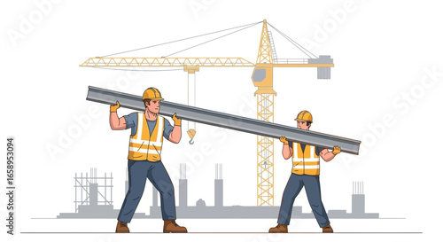 Construction team carrying steel beam near crane, ensuring structural integrity