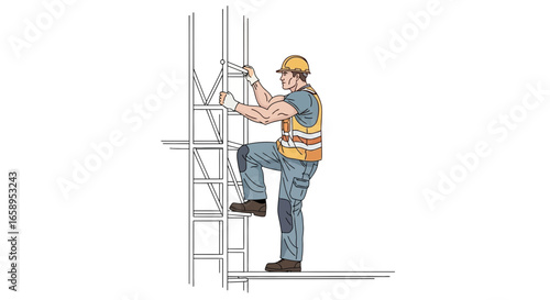 Construction Worker Scaling Scaffolding Structure with Safety Gear Illustration