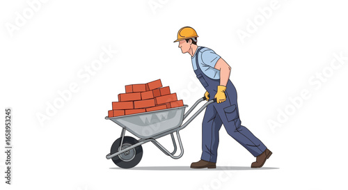 Construction worker pushing wheelbarrow loaded with bricks on white backdrop