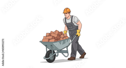 Construction worker transporting bricks in a wheelbarrow for a building project