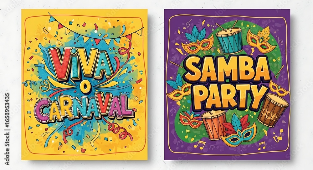 Fototapeta premium Vibrant Carnival and Samba Party Posters in Colorful Cartoon Style