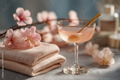 Romantic Pink Cocktail with Blossoms and Towels