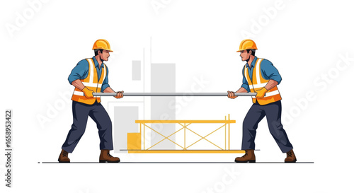 Construction workers lifting pipe together on a construction site scene