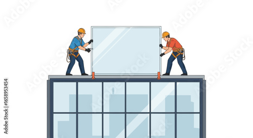 Construction workers safely installing a glass facade panel on a high rise building