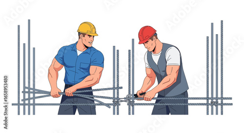 Construction workers securing rebar for concrete reinforcement projects with precision