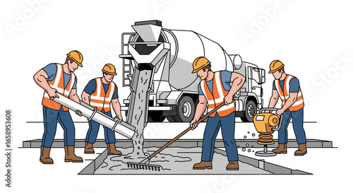 Dedicated construction crew pouring fresh cement with vibrant orange vests