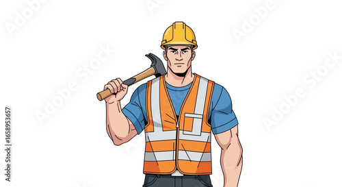 Detailed Cartoon Style Image of Muscular Construction Worker on White Background