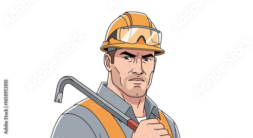 Determined worker wearing safety gear and wielding a pry bar illustration