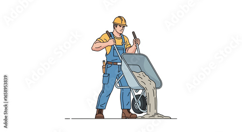 Diligent construction worker with wheelbarrow delivering cement mixture vector