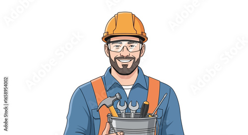 Friendly technician handyman, wearing hardhat and safety glasses with tools