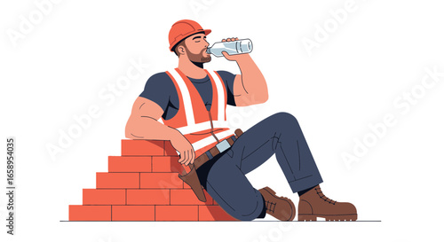 Illustrated construction worker drinking water during break on brick wall
