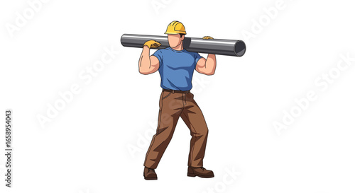 Illustrated construction worker carrying pipe with safety hard hat on white background