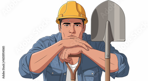 Illustrated construction worker pauses for a break with shovel in hand