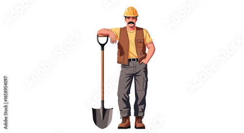 Illustrated construction worker taking a break with shovel stands isolated