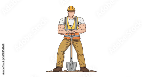 Illustration of a muscular construction worker holding a shovel on white background