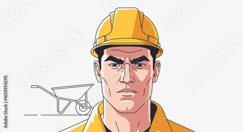 Illustration of a serious worker wearing a yellow hard hat near a wheelbarrow