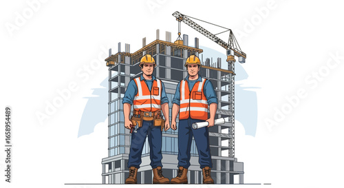Illustrative construction engineers overseeing building development project