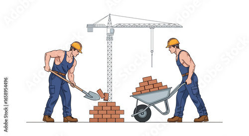 Illustrative construction scene featuring bricklayers, a crane, and masonry