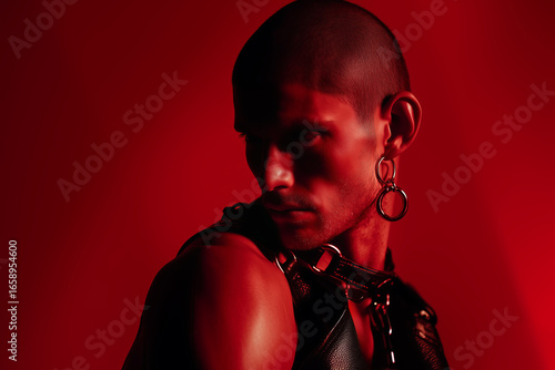 Edgy Male Model in Leather Harness with Red Dramatic Lighting