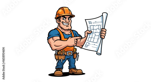 Illustrative Contractor Displaying Technical Blueprint with Precise Gesture