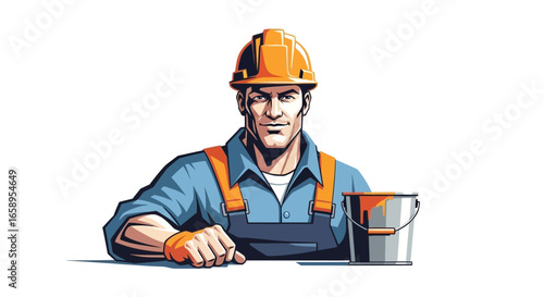 Illustrative portrait of construction worker with orange helmet and paint bucket