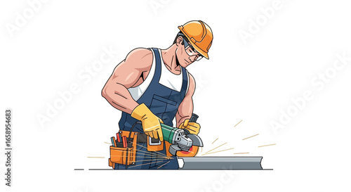 Industrial Craftsman Grinding Metal with Protective Gear in a Cartoon Style