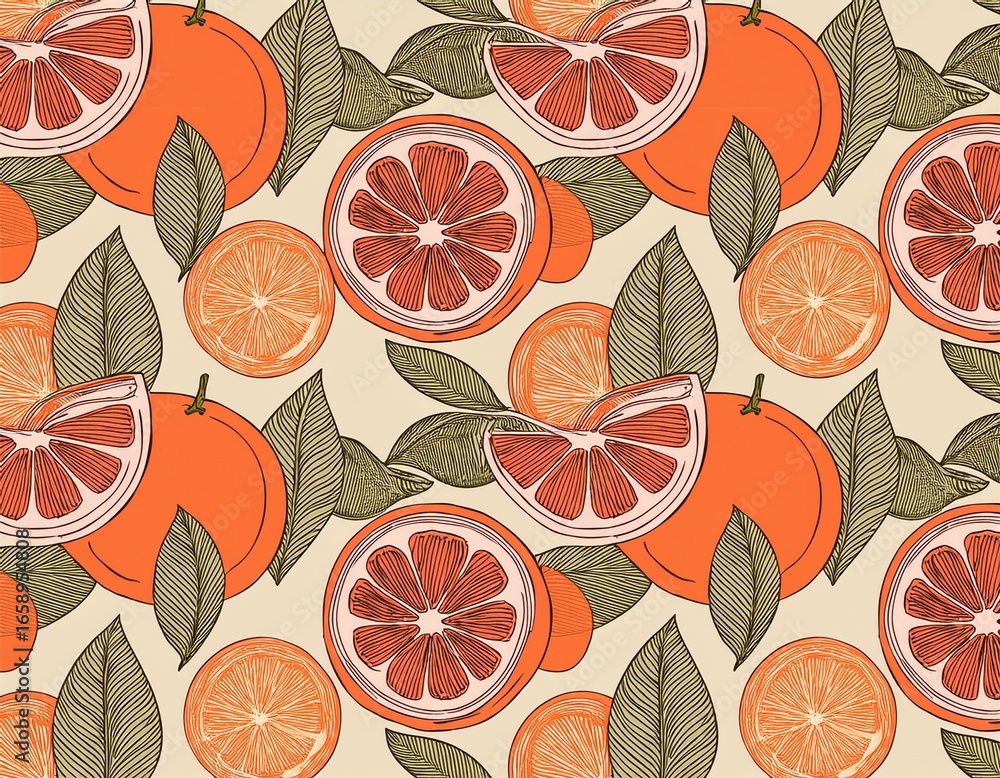 seamless citrus pattern with stylized oranges leaves and grapefruit slices seamless citrus pattern with stylized oranges leaves and grapefruit slices