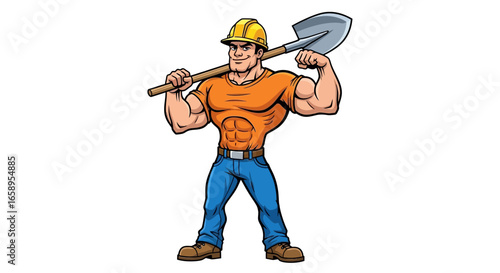 Muscular construction worker with shovel, strength and industrial symbol