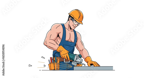 Muscular worker meticulously cutting metal with angle grinder and safety gear