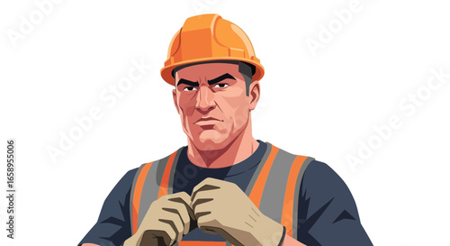 Serious Cartoon Style Construction Worker with Focused Expression on Face