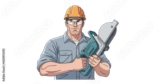 Serious construction worker holding saw with a determined expression