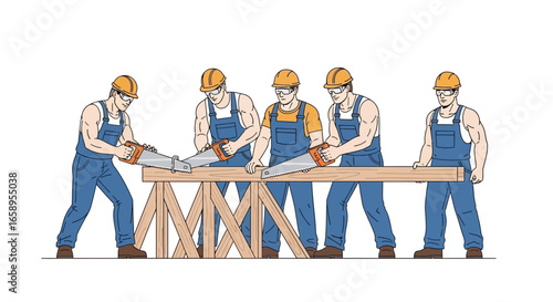 Skilled carpenters collaboratively sawing lumber on wooden supports precisely
