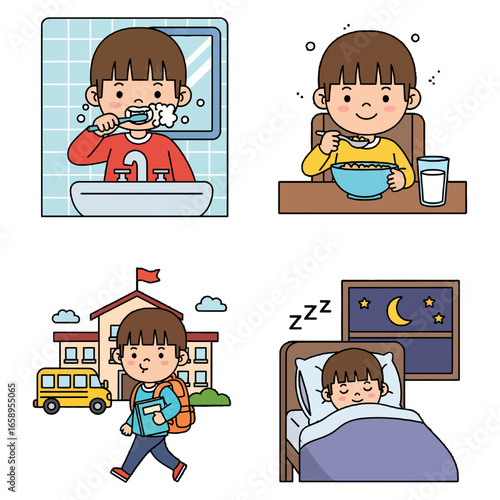 Daily Routine A Kid's **Activities**  Morning to Night Depicted in **Illustrations** 