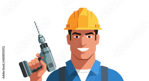 Skilled construction worker with a power drill, ready for building tasks
