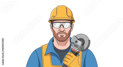 Skilled construction worker with angle grinder and safety gear illustration