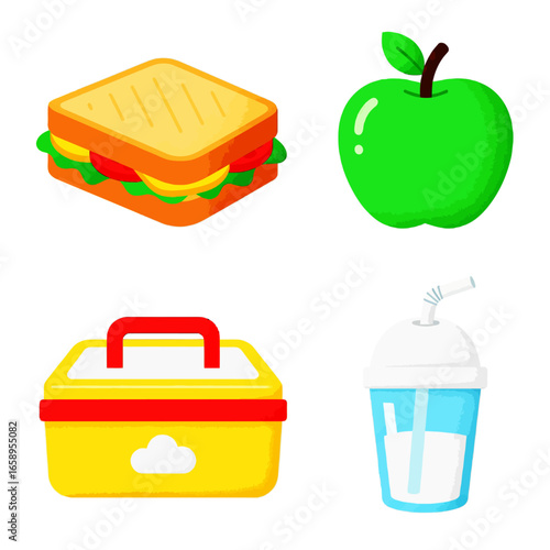 Lunchbox Essentials Sandwich, Apple, Drink, and Container Illustration