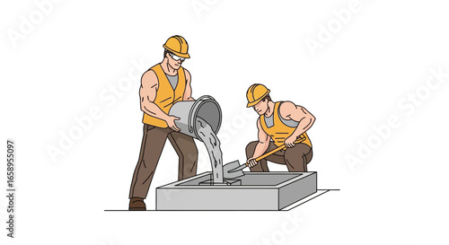 Skilled construction workers pouring concrete into a foundation formwork