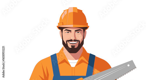 Smiling construction worker with orange helmet and saw, ready for project