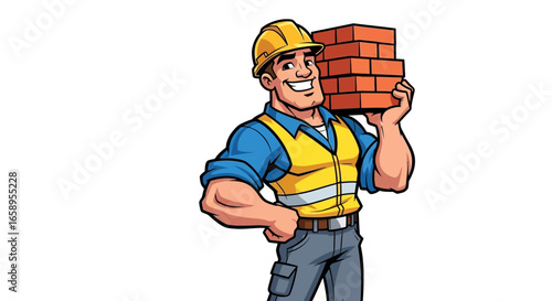 Smiling muscular cartoon construction worker carrying brick bundle in hand