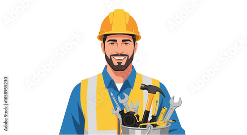 Smiling handyman in safety gear with tools for home repairs and renovations