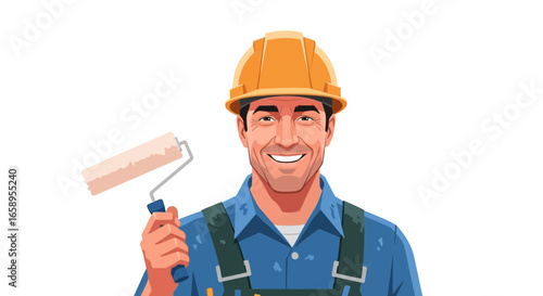 Smiling painter holding a roller with helmet on white isolated background