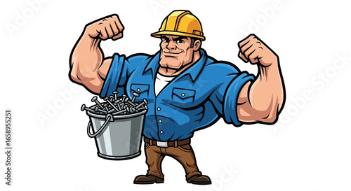 Strong Cartoon Builder Demonstrating Muscular Strength With Nail Bucket