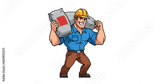 Strong construction worker carrying cement bags, energetic and smiling
